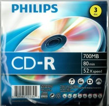 3 pack Philips CD-R 700MB 80min 52x Speed DISCS 80 minutes cd compact disc discs - £12.56 GBP