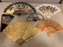 Lot of 6 Hand Fans From Different Countries Spain Javanese Wayang Large-... - $42.08
