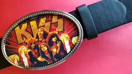 KISS Rock Band Epoxy PHOTO MUSIC BELT BUCKLE &amp; Black Bonded Leather Belt - £19.74 GBP