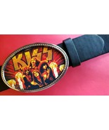 KISS Rock Band Epoxy PHOTO MUSIC BELT BUCKLE &amp; Black Bonded Leather Belt - £19.42 GBP