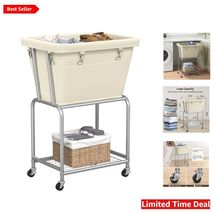 Durable Cream Laundry Cart on Wheels - Spacious 72L Capacity with Remova... - $89.05