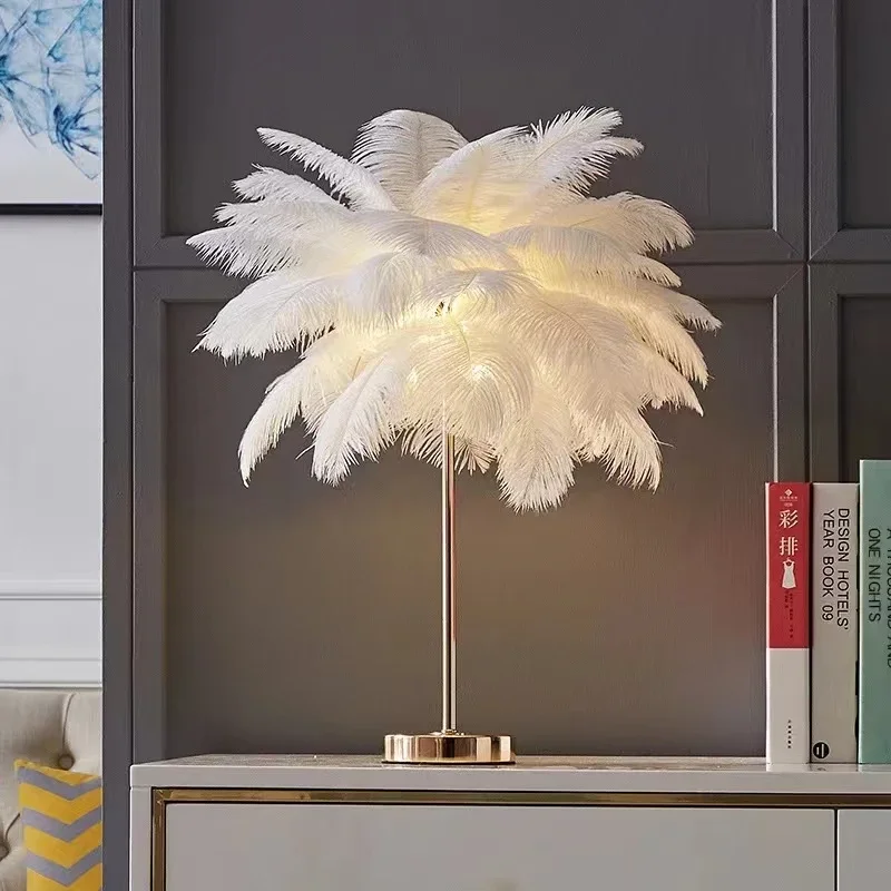 Modern nordic feather tree lamp ostrich feather table pink white bedside... - $51.95+