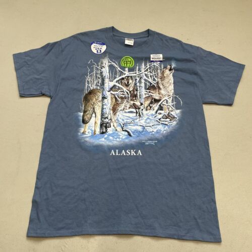 Primary image for NWT Vintage Y2k Alaska Hidden Wolves Howling Wolf Moon Blue T-Shirt Mens Large