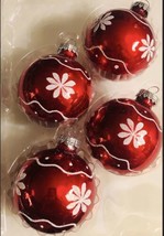 Krebs Christmas Ornament Set 4 Snowflake Red Glass Balls - £15.53 GBP