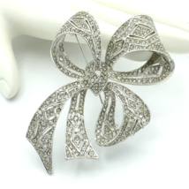 KENNETH JAY LANE vintage ribbon bow brooch - Art Deco lg silver-tone rhinestone - £59.07 GBP