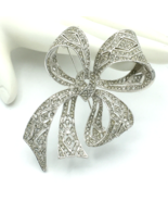 KENNETH JAY LANE vintage ribbon bow brooch - Art Deco lg silver-tone rhi... - £58.98 GBP
