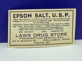Drug store pharmacy ephemera label advertising Epsom salt Laws Columbus MS vtg - $11.83