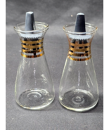 Vintage PYREX MCM Salt &amp; Pepper Shaker Set ATOMIC GOLD Banded Glass &amp; Bl... - $14.83