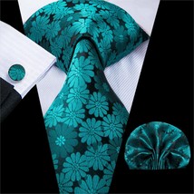 Hi-Tie Teal Green Solid  Silk Wedding Tie For Men Fashion Design Quality Hanky C - £42.65 GBP