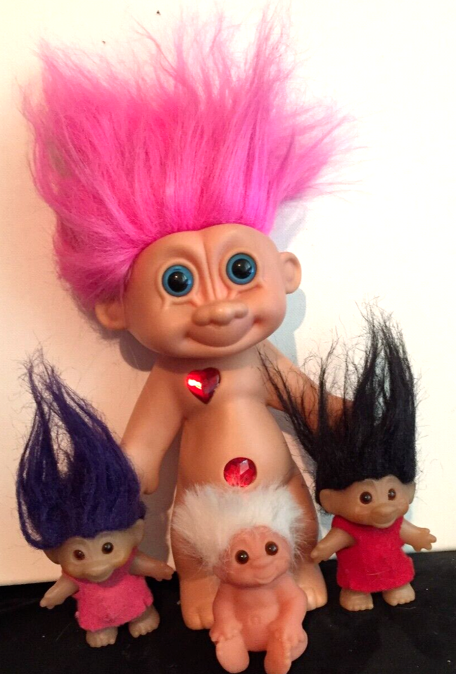 Primary image for 4 vintage troll dolls DAM stamped on 3, one with jewels stamped made in Korea