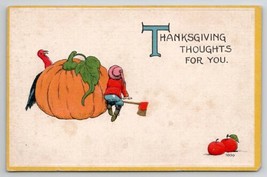 Thanksgiving Greetings Boy Hatchet Turkey Hiding Large Pumpkin Postcard K29 - £4.67 GBP