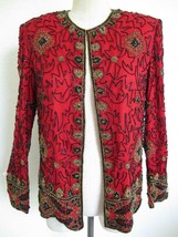 Vintage Papell Boutique Evening Beaded Silk Trophy Jacket S Red Black Gold Glam - £55.94 GBP
