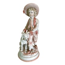 Boy with Dog Pink by Andrea by Sadek Colonial Porcelain Figurine 10&quot; Vintage - £18.79 GBP