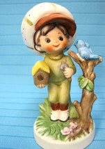 Lefton China Handpainted Figurine Country Big Hat Boy Blue Birdhouse #7988  - $24.50