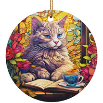 Funny Cat Book Art Stained Glass Colorful Wreath Christmas Ornament Gift Decor - £11.83 GBP