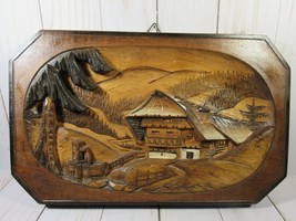 VINTAGE Art Hand Carved Wooden Mountain Scene 12&quot; x 7&quot; Wall Hanging. - £39.78 GBP