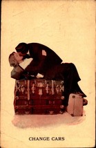 Vintage Humor Romantic POSTCARD- &quot;Change Cars&quot; Couple Kissing On Luggage BKC2 - £2.91 GBP