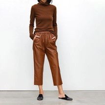 Genuine Real Sheepskin Harem Pants Brown Trousers High Elastic Waist Streetwear - £133.37 GBP