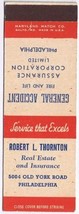 Matchbook Cover Robert L Thornton Insurance Philadelphia Hartland Match Co - £2.37 GBP