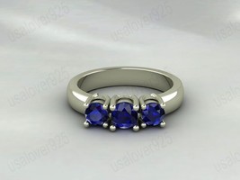 Blue Sapphire Gemstone Three Gemstone Handmade Modern Women Ring Jewelry - £43.50 GBP