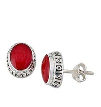Cute 925 Sterling Silver Red Coral Studs-Small Coral Oval Post Earrings-Handmade - £27.43 GBP
