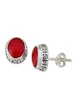 Cute 925 Sterling Silver Red Coral Studs-Small Coral Oval Post Earrings-... - £27.73 GBP