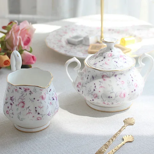 Bone China Coffee Cup Set Dessert Plate Sugar Bowl Cake Rack Milk cup Su... - $203.82