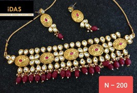 Bollywood Pearl Indian Kundan Earrings Necklace Set Jewelry Gold Plated 015 - £38.28 GBP
