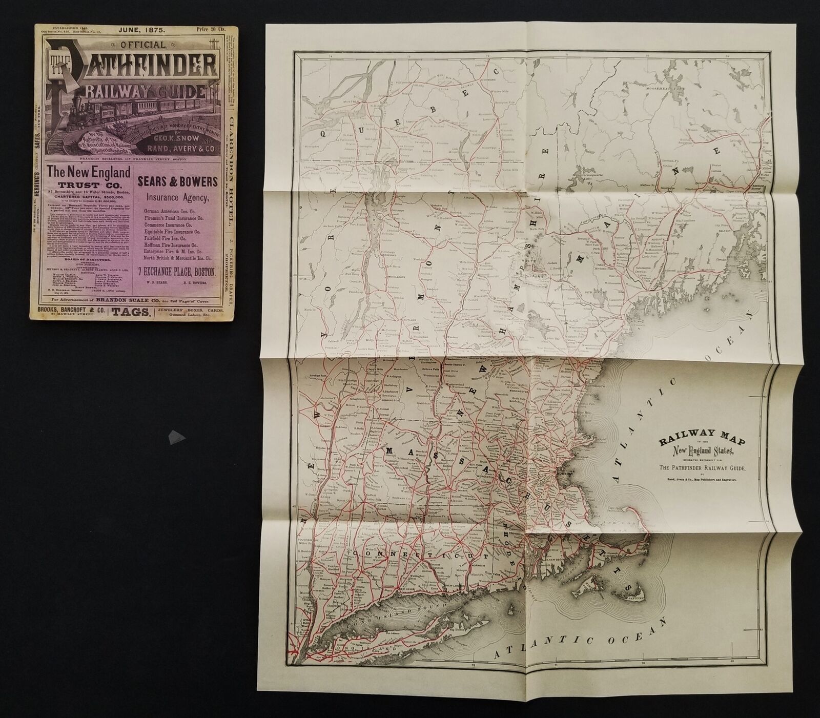 1875 antique RAILROAD GUIDE TIMETABLES w foldout MAP maps ads steamers ...