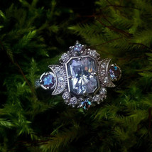 2.5Ct Emerald Cut CZ Selene Moon Goddess Wedding Ring 14K White Gold PLated - £94.35 GBP