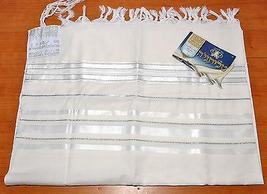 Tallit Prayer Shawl New Wool White Stripes &amp; Silver Model 60 Size 192cm x 140cm - £77.93 GBP+