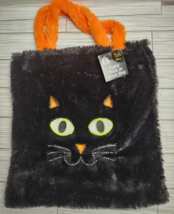 Halloween Black Kitty Cat Trick Or Treat Bag Emoji Face Furry Candy Sack plush - £8.04 GBP