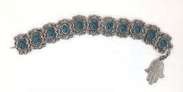 Vtg Souvenir du Maroc Moroccan  Bracelet Poured Teal Enamel Hamsa Hand Charm - £15.64 GBP