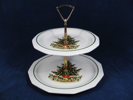 Pfaltzgraff  2 Tiered Christmas Tree Snacks Cookies Serving Tray w/ Handle - £26.44 GBP