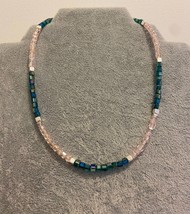 Crystal cube necklace handmade green pink beaded choker - $20.00