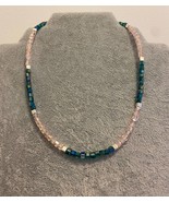Crystal cube necklace handmade green pink beaded choker - $20.00