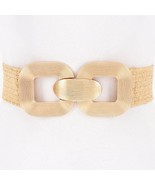 Square Metal Buckle Elastic Belt Khaki Gold - $22.21 CAD