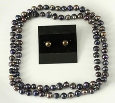 MODERN Fine Estate Jewelry 7-8MM Black Pearl 32&quot; Long Necklace &amp; Stud Earrings - £85.62 GBP