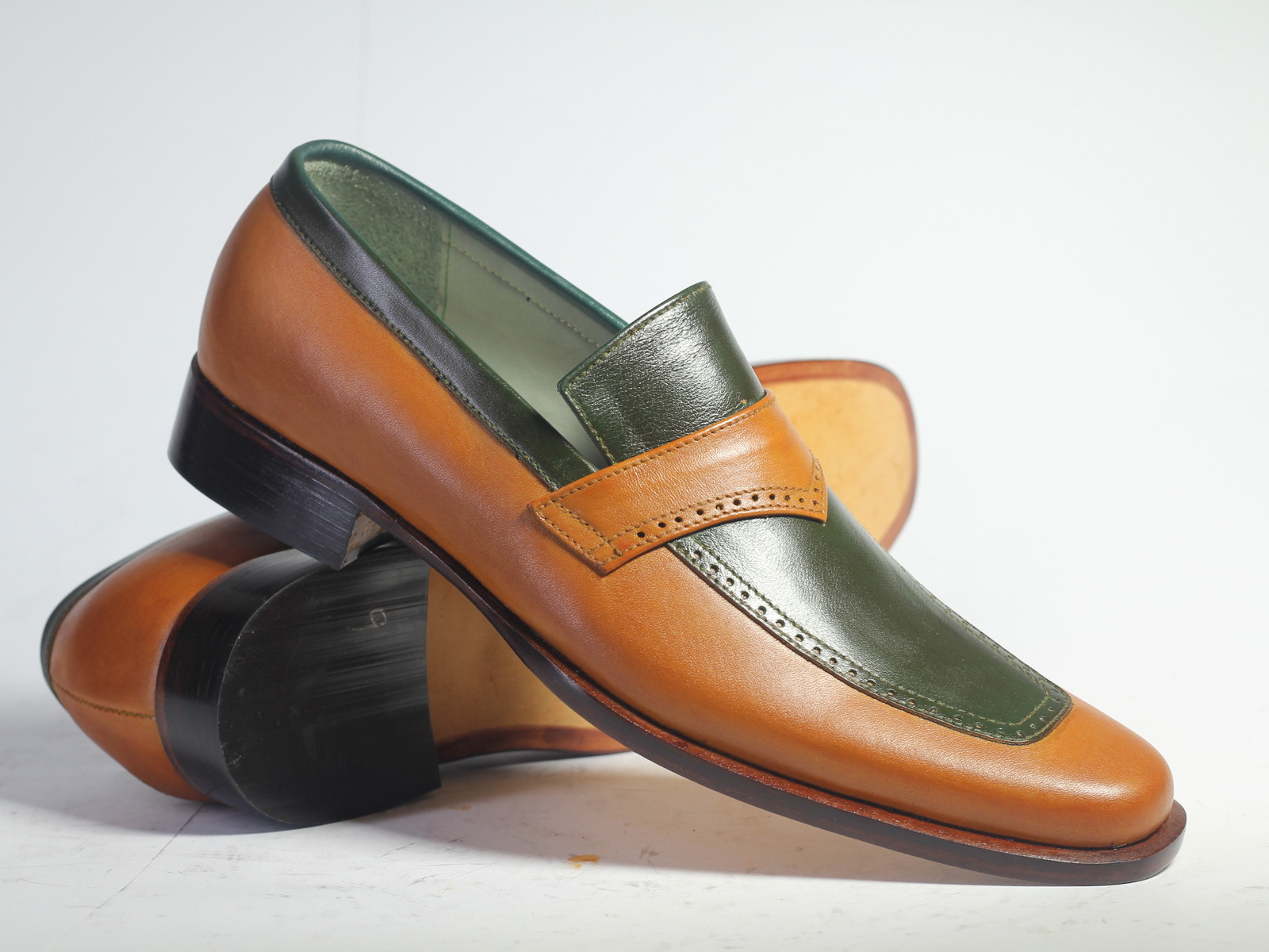 Handmade Men's Green Tan Leather Penny Loafers, Men Designer Dress Fashion Shoes