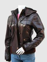 Women Leather Jacket with Hoodie Brown Color Ban Collar Zipper Closure - $199.99