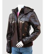 Women Leather Jacket with Hoodie Brown Color Ban Collar Zipper Closure - £156.90 GBP
