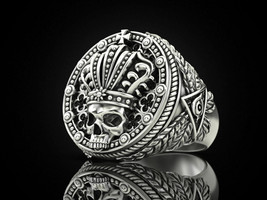 Men&#39;s 925 Sterling Silver King Crown Skeleton Skull Ring 14K White Gold ... - $146.81