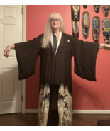 (KIM-1) Pre WWII vintage long black + pale pink Kimono L/XL white floral... - €139,85 EUR