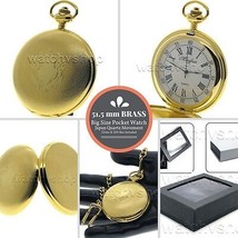 GOLD Pocket Watch Solid Brass Case XL Size 51 MM Men Gift Fob Chain &amp; Box P108G - £21.17 GBP