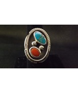 Vintage Unmarked Tribal Silver Turquoise Coral Ring Size 8 - $94.48