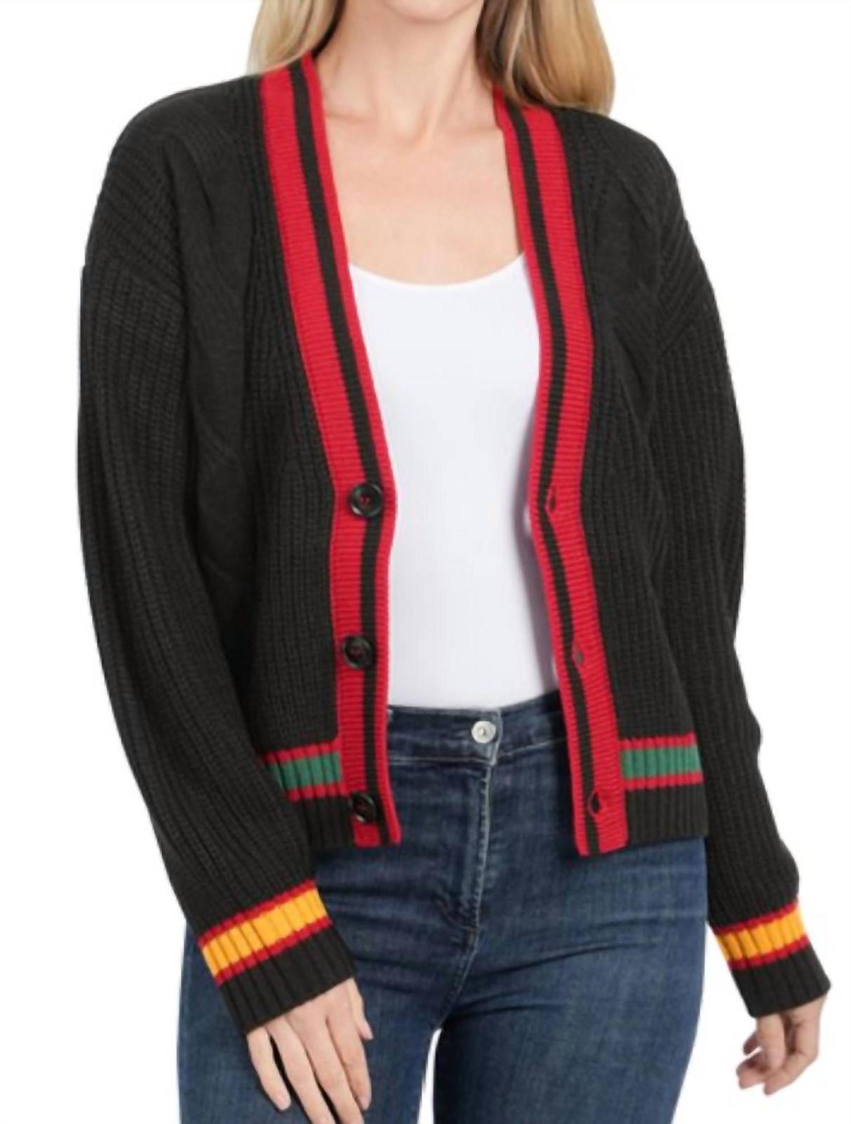 Zenana Contrast Trim Cable Knit Cardigan Black - $42.00