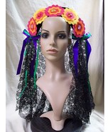 Colorful Day of Dead Headband w/ Lacey Black Veil Sugar Skull Dia De Los... - €14,27 EUR