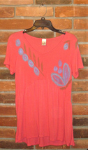 Gently Used Hand Painted Abstract Floral Women&#39;s Babydoll Top Coral Size Sf - £20.05 GBP