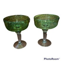 2 Margarita Glasses Vintage Hand Blown Glass Green &amp; Clear Stems Mexico - £19.58 GBP