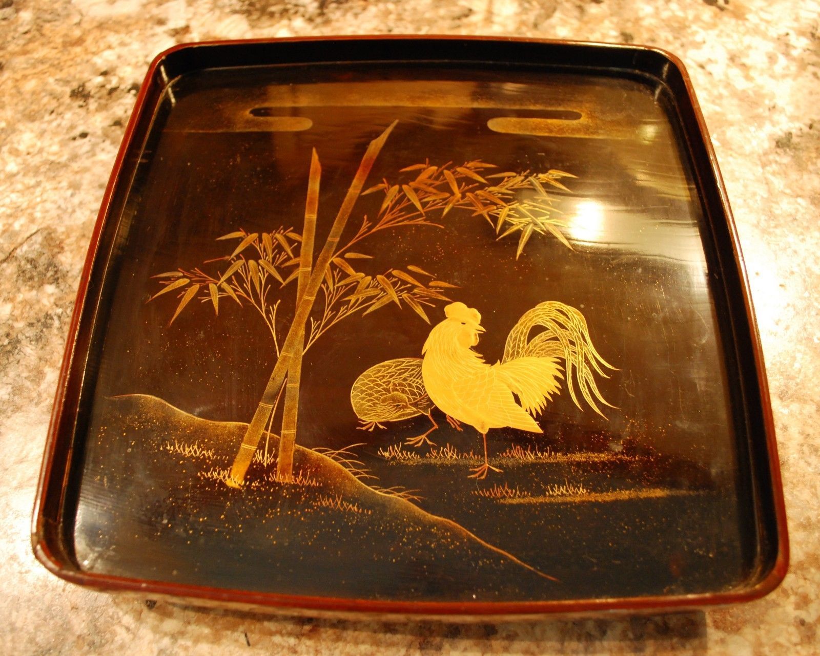 Primary image for Japanese Lacquer Tray with Rooster, Bamboo Decoration in Taka-Maki-e Technique